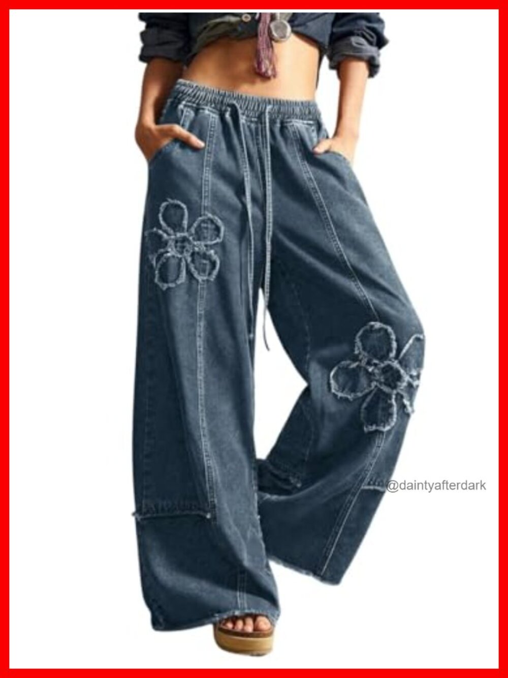 Boho Floral Wide Leg Denim Culotte Palazzo Pants Trousers
